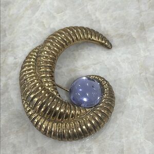 Gold Crescent Brooch with Blue Accent